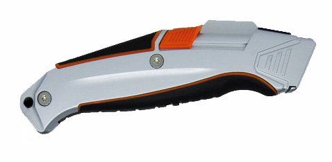 Lekki metalowy nóż bezpieczny z mechanizmem sprężynowym B77 na ostrza trapezowe i hakowe